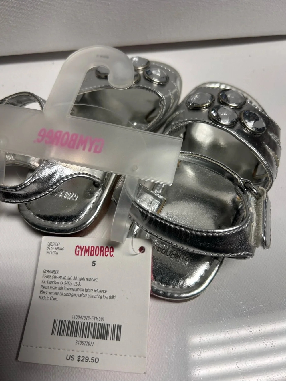 GYMBOREE Leather Silver Gem Metallic Sandals with Rhinestone Embellishment Sz 5